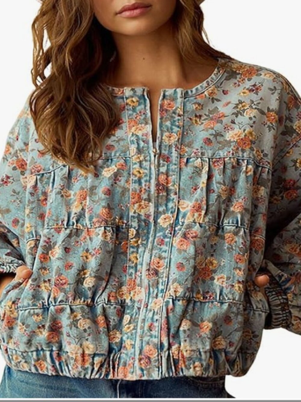 chouyatou Women Fall Oversized Floral Jean Jacket Trendy Zip Denim Jacket